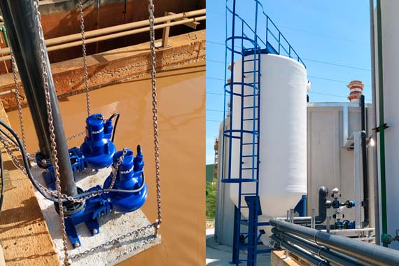 Bombas industriales y tanque en planta de agua