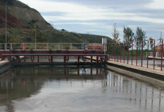 Puente rojo sobre estanque en paisaje rural