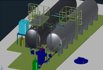 Instalación industrial con tanques y tuberías 3D