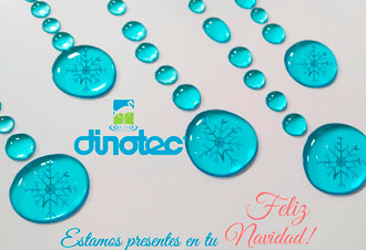 Gotas turquesa con copos y saludo navideño Dinotec
