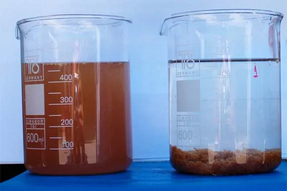 Dos vasos de precipitados con agua turbia y sedimentada